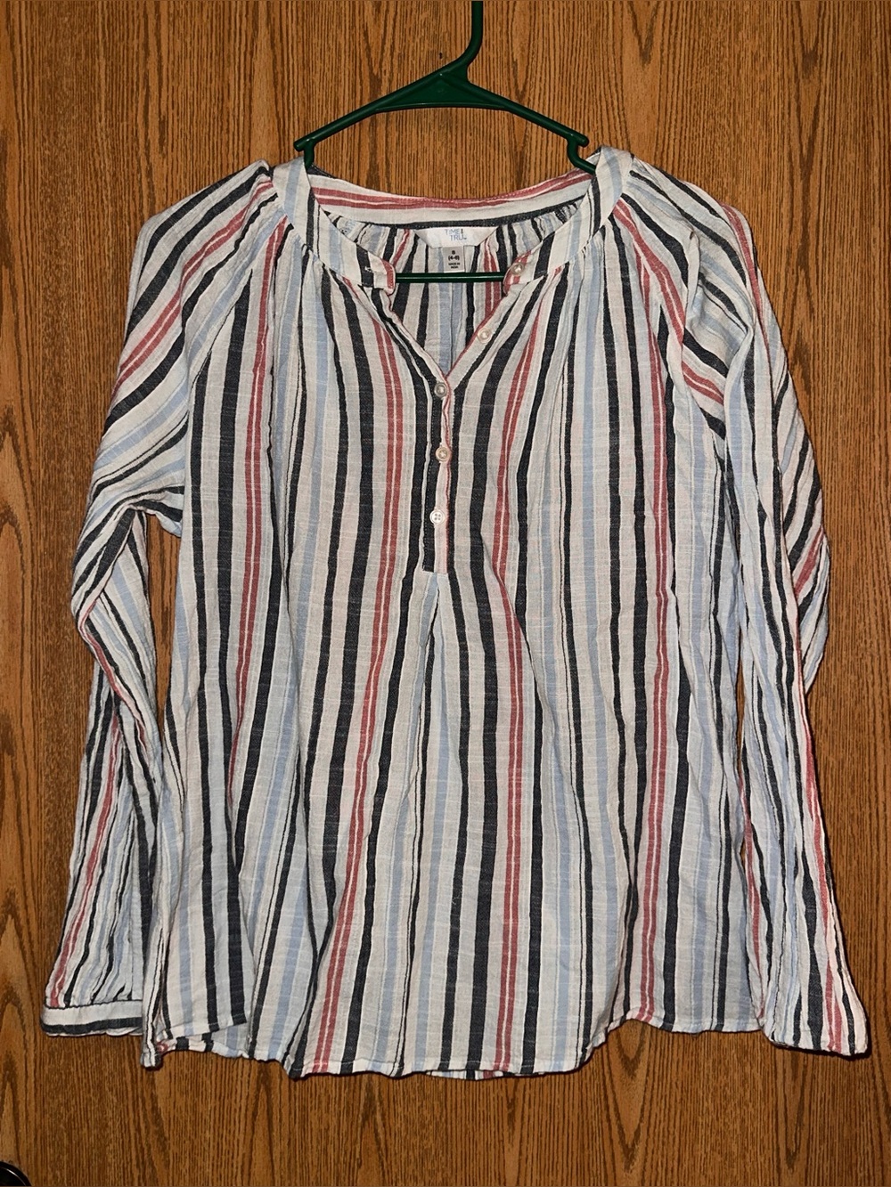 Time and Tru White Blouse with Navy & Red Vertical Stripes